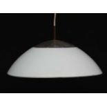 Vintage Retro : a Danish pendant lamp / light of white liveried hemisphere form , steel top ,