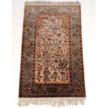 Carpet / Rug: an antique Kafiri Turkish pure silk prayer rug with central tree design having birds