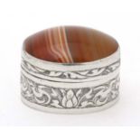 A silver plate and white metal pot and cover set with hardstone agate cabochon to top 1 1/2" wide