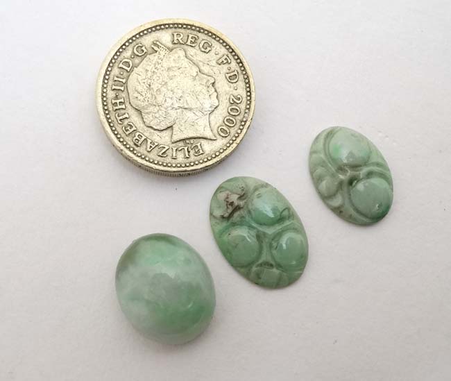 3 Oriental jade cabochon, 2 in the form of lily pads. - Image 3 of 3