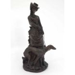 Early - mid XX Patinated Bronze Edwardian Lady wearing a bonnet and holding a Saluki dog Standing