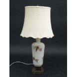 A handed painted white satin glass table lamp with a bronze squared serpentine shaped vase and raw