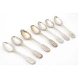 7 assorted 19thC silver fiddle pattern teaspoons to include an example by Simon Levy of Exeter (7)