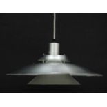 Vintage Retro : a Danish brushed aluminium pendant lamp / light with 2 tiers above and 2 tiers