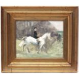 Manner of Sir Alfred Munnings XX Equine Art, Oil on board, A Huntsman on a Grey horse.