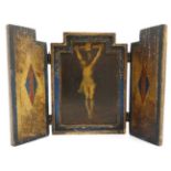 Tryptic Icon : An early - mid 20thC break arched topped icon with polychrome print of christ on