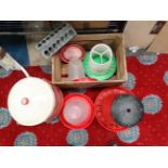 Wooden vegetable box and assorted poultry feeders CONDITION: Please Note - we do