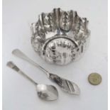 A silver plated sugar basin of circular form together with a silver plated Jam spoon and a butter