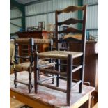 18thC ladder back dining chair + 2 footstools (3) CONDITION: Please Note - we do