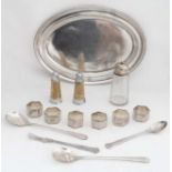 Assorted silver plated items to include tray, napkin rings,