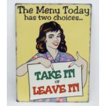 21st C cast metal sign 11 3/4" x 15 3/3" -The Menu Today CONDITION: Please Note -