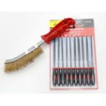 A 10 piece needle file set and a wire brush CONDITION: Please Note - we do not make