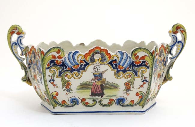 A 19thC Dinan, France, Faience pottery twin handlled jardiniere in a Quimper style, - Image 4 of 5