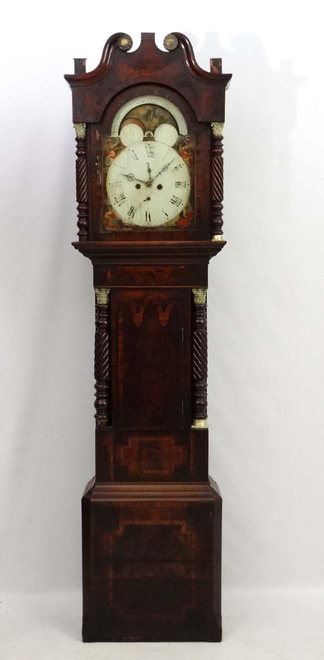 Longcase Clock : an Indistinctly signed early 19thC 14" breakarch painted dial with rolling moon, - Image 9 of 14