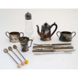 A quantity of assorted items to include a silver plated Bachelor coffee set, sugar shaker,