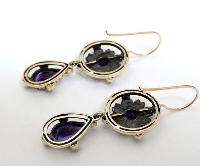 A pair of .925 silver gilt drop earrings set with amethyst, green stones and seed pearls. - Image 2 of 3