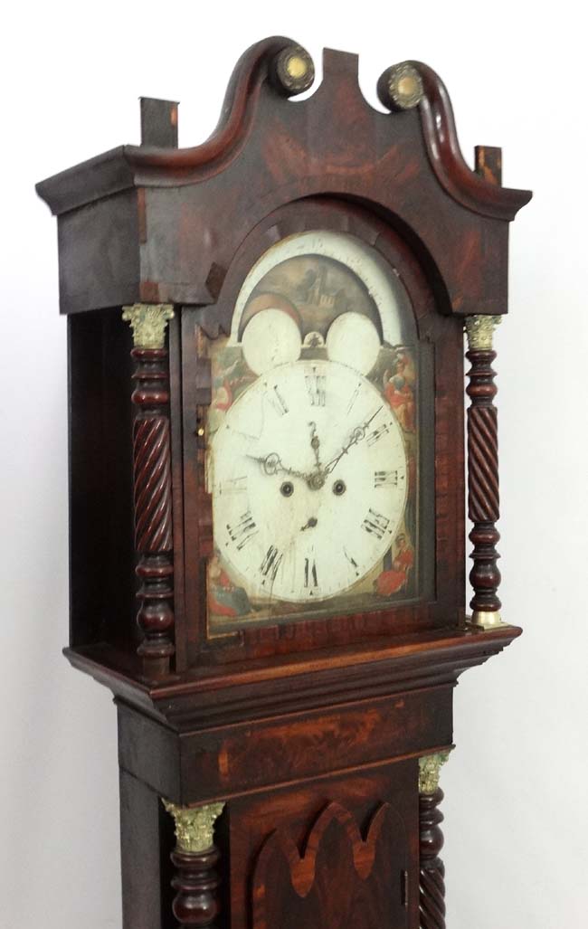 Longcase Clock : an Indistinctly signed early 19thC 14" breakarch painted dial with rolling moon, - Image 4 of 14