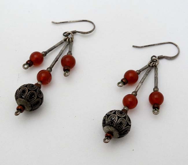 A pair of silver and white metal drop earrings with filigree like spherical decoration and - Image 3 of 3