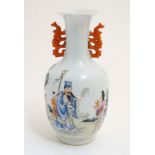 A Chinese famille rose twin handled vase ,