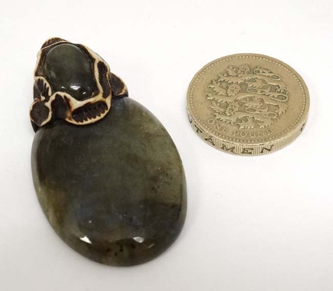 A pendant set with moss agate like hardstone cabochon 2 ¾” long CONDITION: Please - Image 5 of 5