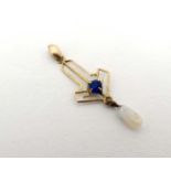 A 10k gold pedant set with blue stone and white chip drop 1” long CONDITION: Please