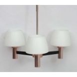 Vintage Retro : a 1960's three branch pendant light fitting with white frosted glass shades,