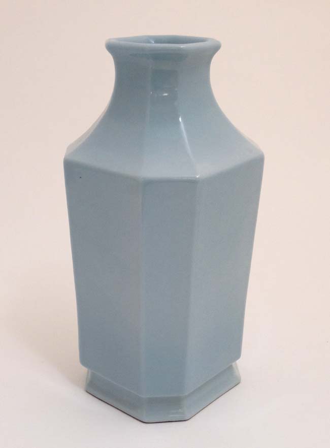 A pale blue celadon glaze Chinese vase of canted form, bears blue Chinese seal mark to base. - Image 4 of 6