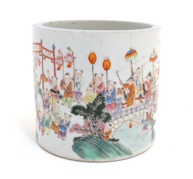 A Chinese famille rose cylindrical brush pot,