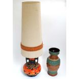 Vintage Retro :a German ceramic lamp with banded hessian like shade together with a pattern relief