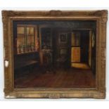 Early XX English School, Oil on canvas, Cottage interior, Monogramed ' SJL ' lower right.