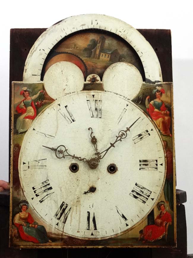 Longcase Clock : an Indistinctly signed early 19thC 14" breakarch painted dial with rolling moon, - Image 12 of 14