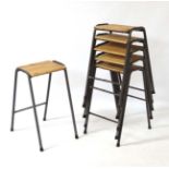 Vintage Industrial : A set of British elm topped science lab stools with painted metal legs ,