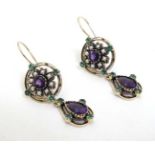 A pair of .925 silver gilt drop earrings set with amethyst, green stones and seed pearls.
