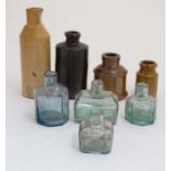 Ink Bottles : seven Salt glaze and glass ink bottles of assorted sizes and shapes