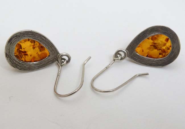 A pair of silver and white metal drop earrings set with amber. - Image 4 of 4