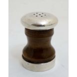 Kitchenalia : a small Pepperette having a sterling Silver top and band to the shaped wooden body,