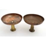 Decorative metalwork : A pair of copper tazzas with turned brass columns 6 3/8" wide x 5" high