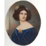 Jaola ? XX, Miniature : watercolour and gouache on ivorine oval, Portrait of a young woman,