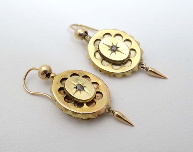 A pair of gilt metal drop earrings set with diamonds 1 ½” long CONDITION: Please - Image 3 of 3