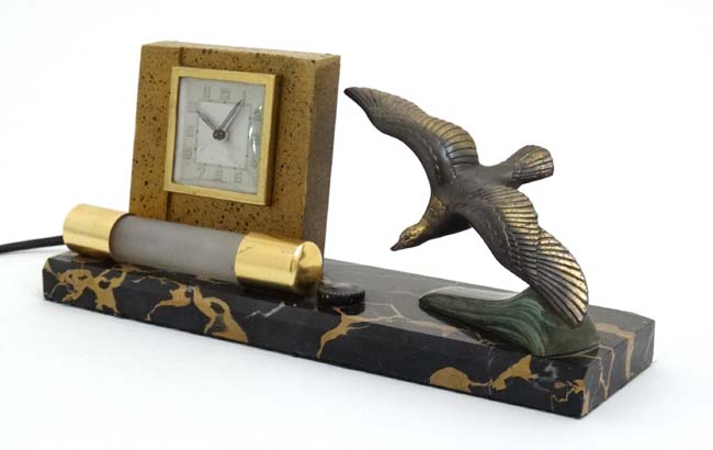 Art Deco bedside light and clock : a French marble base with swooping sea bird and wind up clock - Image 4 of 5