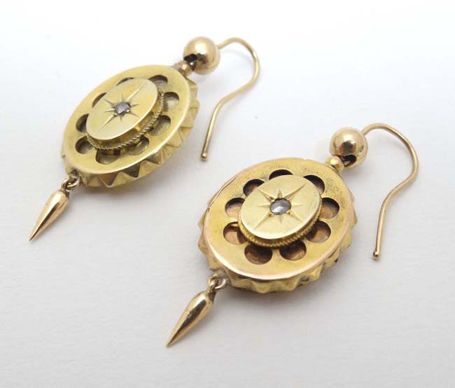 A pair of gilt metal drop earrings set with diamonds 1 ½” long CONDITION: Please