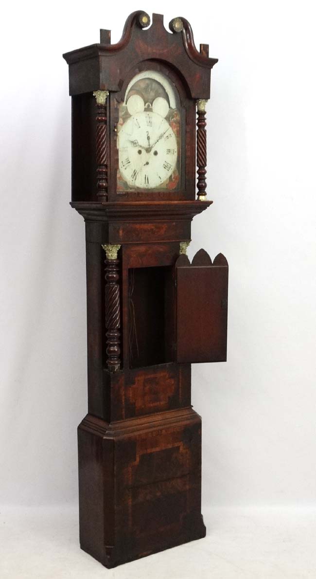 Longcase Clock : an Indistinctly signed early 19thC 14" breakarch painted dial with rolling moon, - Image 8 of 14