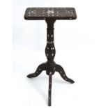 An 18thC / 19thC Anglo-Indian mother of pearl inlaid tripod small pedestal table / candle stand