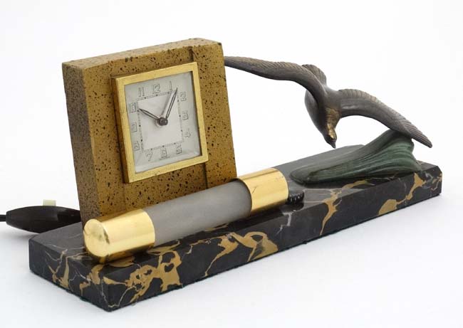 Art Deco bedside light and clock : a French marble base with swooping sea bird and wind up clock - Image 2 of 5