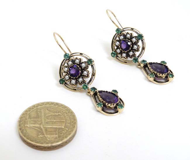 A pair of .925 silver gilt drop earrings set with amethyst, green stones and seed pearls. - Image 3 of 3