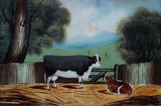 Mid XX Primitive School, Reverse Glass, An Ox and seated goat within an enclosure, - Image 4 of 4