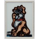 BE Carchi mid XX Kitsch Art, Reverse glass, Dog sat wiping it's eye, Signed lower left.