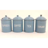 Kitchenalia : a set of 4 lidded light blue enamel cylindrical storage pots / cannisters each