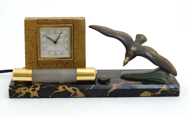 Art Deco bedside light and clock : a French marble base with swooping sea bird and wind up clock - Image 3 of 5