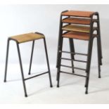 Vintage Industrial : A set of British elm topped science lab stools with painted metal legs ,